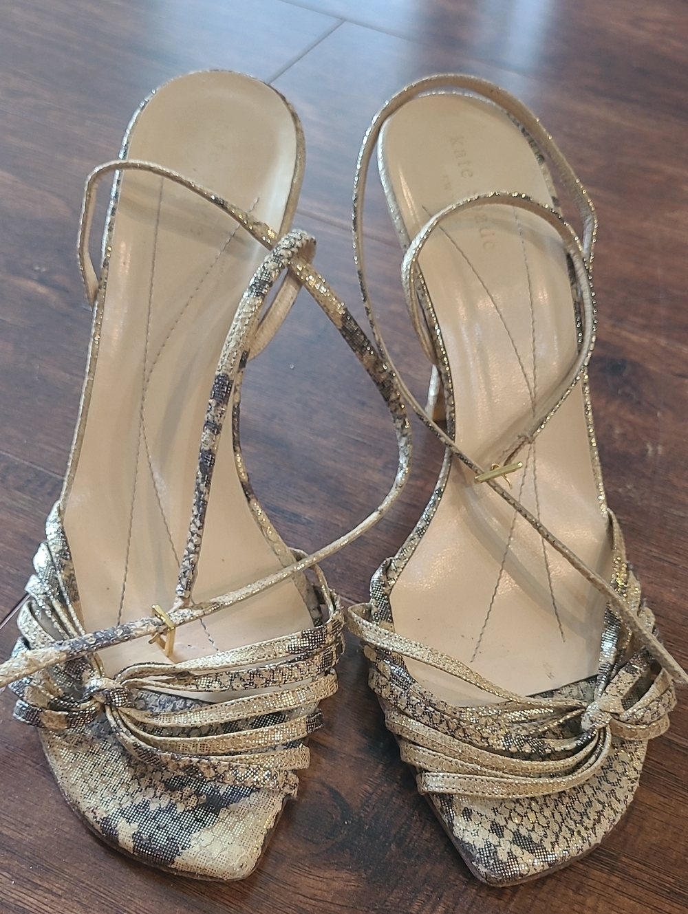 Kate Spade Gold Snake-Print Strappy Heels Size 10